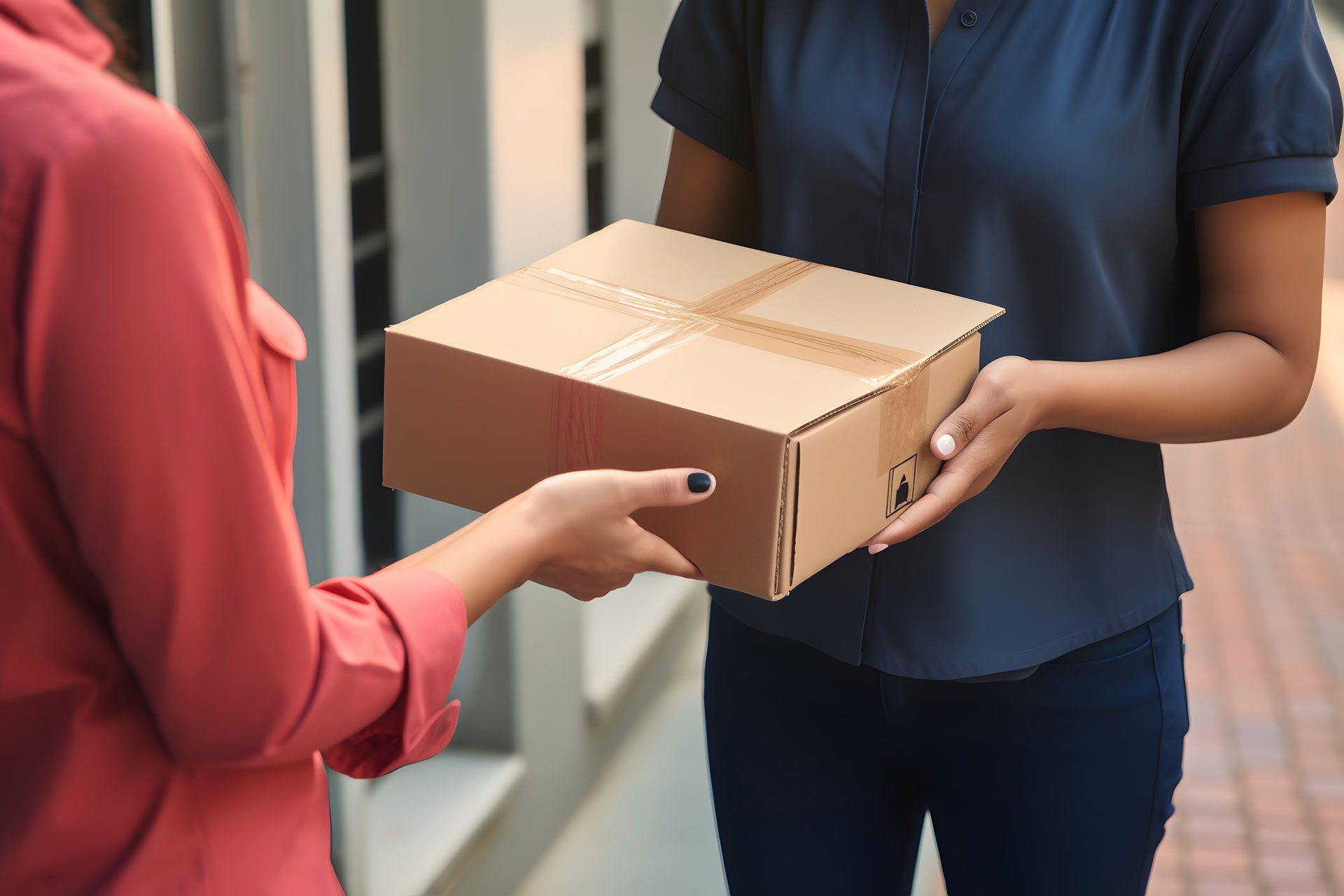 Woman signing for a package on a digital pad handed by a delivery person. High resolution --ar 3:2 --v 5.2 --style raw